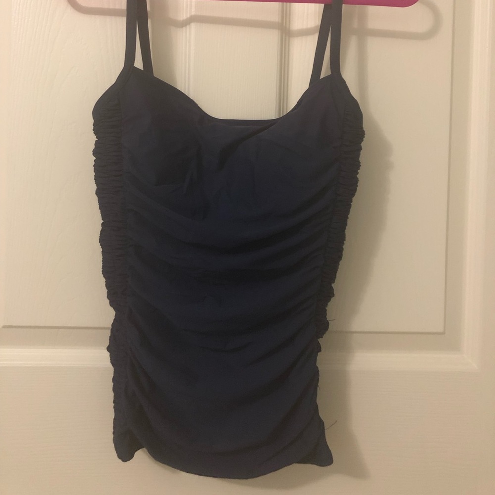 Navy blue Tankini top with flattering ruching